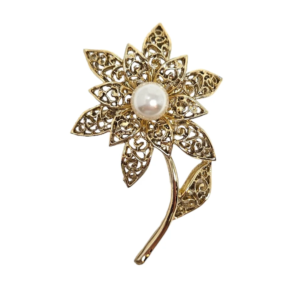 Vintage Flower Brooch Gold Tone Filagree Faux Pearl